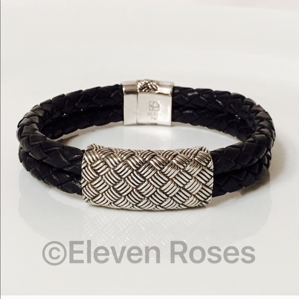 Sterling Silver Woven Black Leather Bracelet - Picture 8 of 8